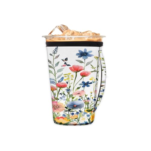 Wiederverwendbare Eiskaffeetassenhülle, Frühlingsblumen, Neopren, isoliert, Becherhalter mit Griff, ideal für 473 - 510 ml von Pardick