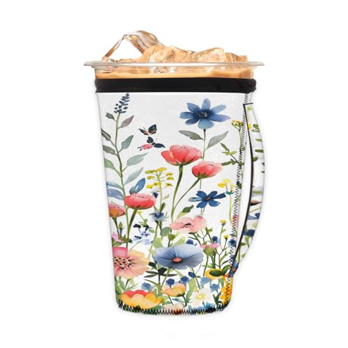 Wiederverwendbare Eiskaffeetassenhülle, Frühlingsblumen, Neopren, isoliert, Becherhalter mit Griff, ideal für 680 ml - 794 ml von Pardick