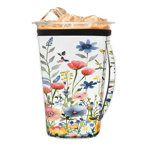 Wiederverwendbare Eiskaffeetassenhülle, Frühlingsblumen, Neopren, isoliert, Becherhalter mit Griff, ideal für 850-907 ml von Pardick