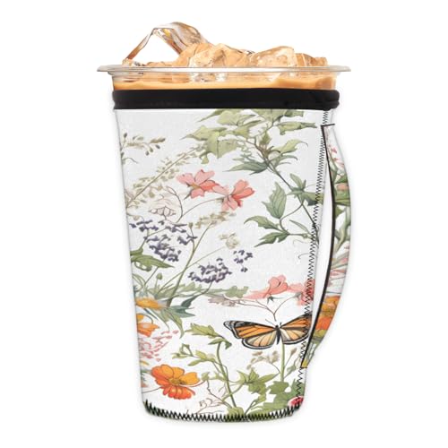 Wiederverwendbare Eiskaffeetassenhülle, Frühlingsblumen, Schmetterling, Neopren, isoliert, Becherhalter mit Griff, ideal für 850-907 ml Wiederverwendbare Eiskaffeetassenhülle, Frühlingsblumen, Schmetterling, Neopren, isoliert, Becherhalter mit Griff, ideal für 850-907 ml von Pardick