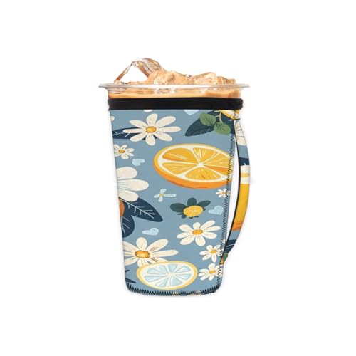 Wiederverwendbare Eiskaffeetassenhülle, Gänseblümchen, Zitrone, Neopren, isoliert, Becherhalter mit Griff, ideal für 473 ml – 510 ml von Pardick