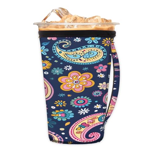 Wiederverwendbare Eiskaffeetassenhülle, Paisleymuster, Neopren, isoliert, Becherhalter mit Griff, ideal für 850-907 ml von Pardick