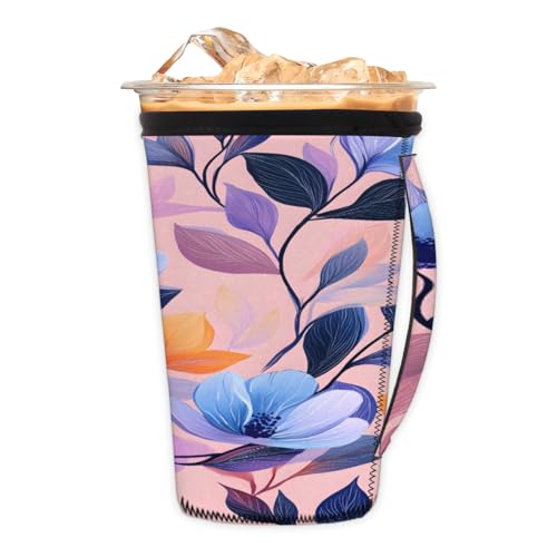 Wiederverwendbare Eiskaffeetassenhülle, blaue Blumen und Blätter, Neopren, isolierte Hüllen mit Griff, ideal für 850 ml - 907 ml Wiederverwendbare Eiskaffeetassenhülle, blaue Blumen und Blätter, Neopren, isolierte Hüllen mit Griff, ideal für 850 ml - 907 ml von Pardick