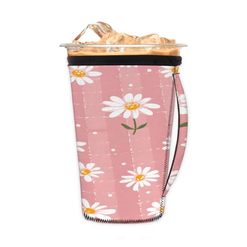 Wiederverwendbare Eiskaffeetassenhülle mit Blume, Gänseblümchen, Neopren, isoliert, Becherhalter mit Griff, ideal für 680 ml – 800 ml von Pardick