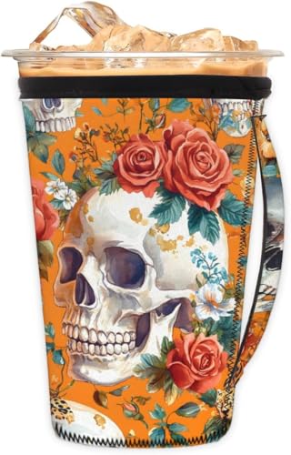 Wiederverwendbare Eiskaffeetassenhülle mit Totenkopf-Rosen, Neopren, isolierte Hülsen, Tassenabdeckung, Halter, Kaffeetassenhüllen mit Griff für kalte Getränke, Becher, 680 - 794 ml Wiederverwendbare Eiskaffeetassenhülle mit Totenkopf-Rosen, Neopren, isolierte Hülsen, Tassenabdeckung, Halter, Kaffeetassenhüllen mit Griff für kalte Getränke, Becher, 680 - 794 ml von Pardick