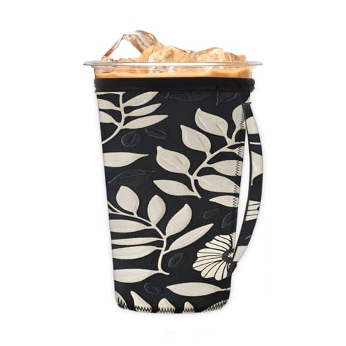 Wiederverwendbare Eiskaffeetassenhülse mit Blättern, Blumen, geometrisches Neopren, isolierte Hülsen, Becherhalter mit Griff, ideal für 680 ml – 794 ml von Pardick