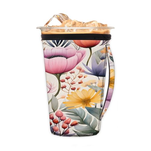 Wiederverwendbare Eiskaffeetassenhülse mit Blumenmuster, Neopren, isoliert, Becherhalter mit Griff, ideal für 680 ml - 794 ml Wiederverwendbare Eiskaffeetassenhülse mit Blumenmuster, Neopren, isoliert, Becherhalter mit Griff, ideal für 680 ml - 794 ml von Pardick