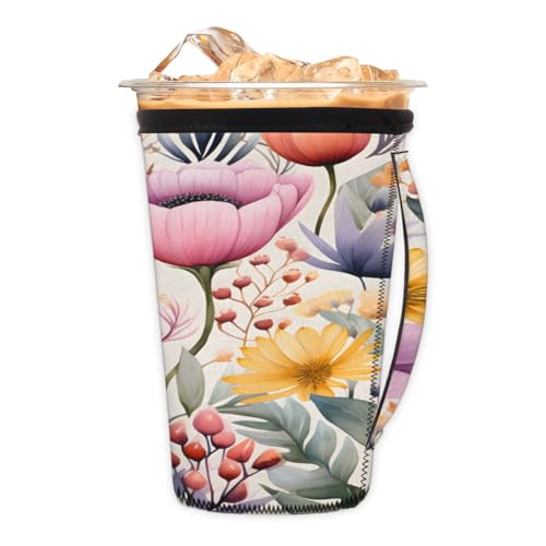 Wiederverwendbare Eiskaffeetassenhülse mit Blumenmuster, Neopren, isoliert, Becherhalter mit Griff, ideal für 850 ml - 907 ml Wiederverwendbare Eiskaffeetassenhülse mit Blumenmuster, Neopren, isoliert, Becherhalter mit Griff, ideal für 850 ml - 907 ml von Pardick