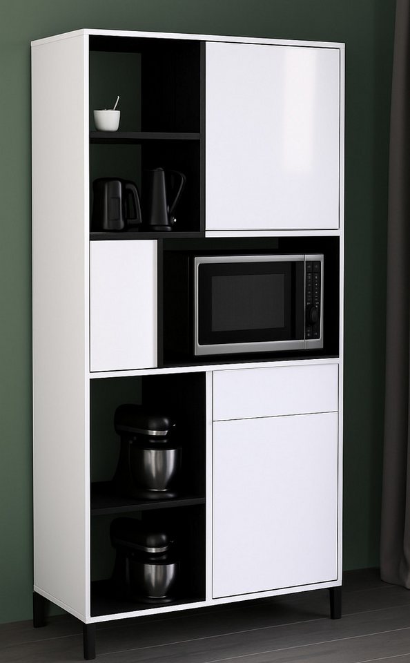 Parisot Buffet Malot (Buffetschrank in weiß mit schwarz, 80 x 185 cm) 10 Fächer, mit Push-To-Open-Funktion von Parisot