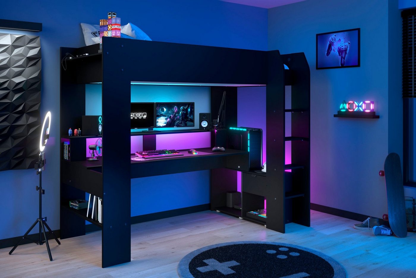 Parisot Hochbett Gaming-Bett, mit Schreibtisch, USB Anschluss, LED, viel Stauraum ideal für kleine Räume, TOPSELLER! von Parisot