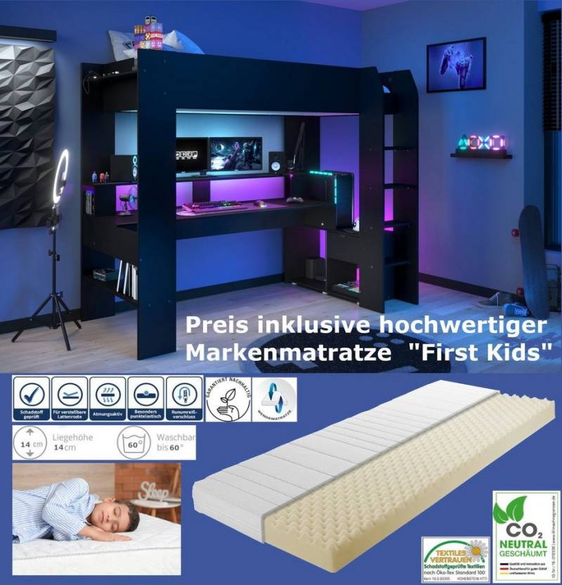 Parisot Hochbett Gaming Hochbett Online 1" (Komplett Set, 2-St., Hochbett mit Leiter, Schreibtisch, LED Beleuchtung, Stauraum) LED Beleuchtung, USB, Schreibtisch, wahlweise Kaltschaummatratze" von Parisot