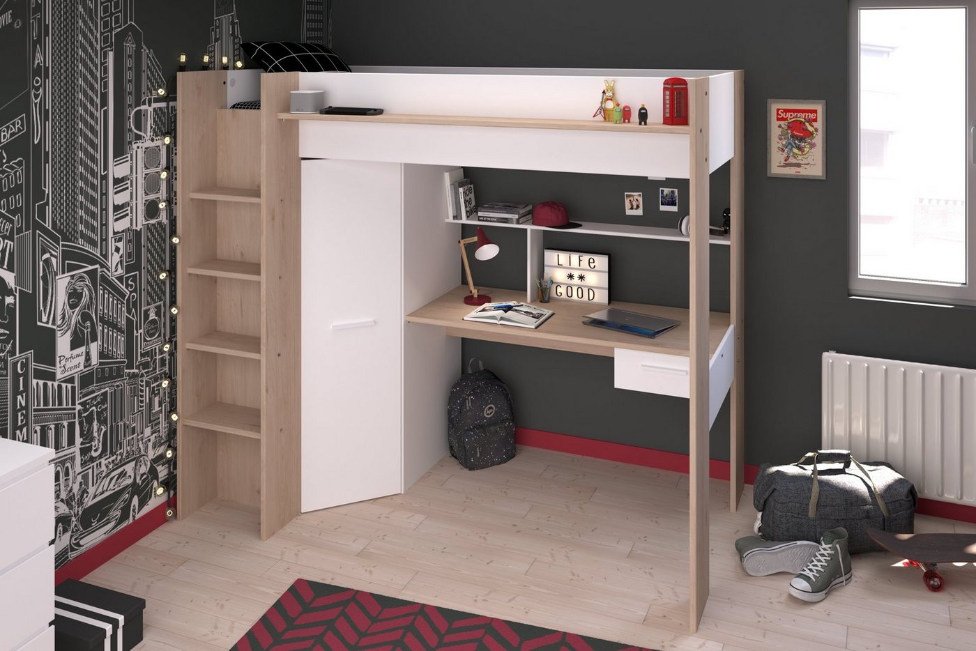 Parisot Hochbett Heavy (Komplett Set, 1-St., Hochbett mit Schreibtisch und Kleiderschrank) Schreibtisch, Kleiderschrank, Hochbett von Parisot