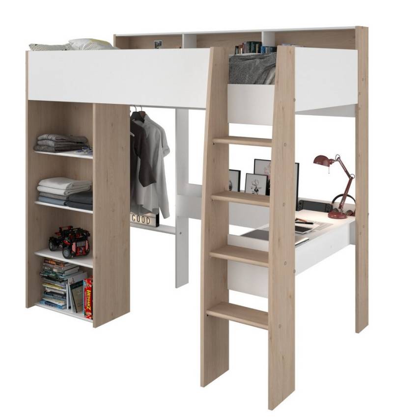 Parisot Hochbett Shelter (Etagenbett in weiß mit Eiche, 90 x 200 cm, inklusive Schreibtisch) kein Lattenrost erforderlich von Parisot