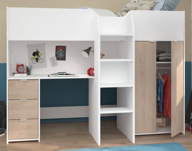 Parisot Hochbett Tom (Stauraumbett 90 x 200 cm, inkl. Kleiderschrank und Schreibtisch) kein Lattenrost erforderlich von Parisot