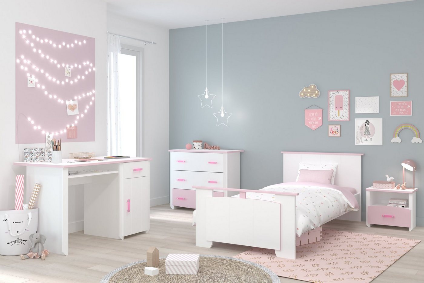 Parisot Jugendzimmer-Set Biotiful, (Komplett Set, 4-St., in verschiedenen Zusammenstellungen wählbar), in Weiß mit Rosa von Parisot