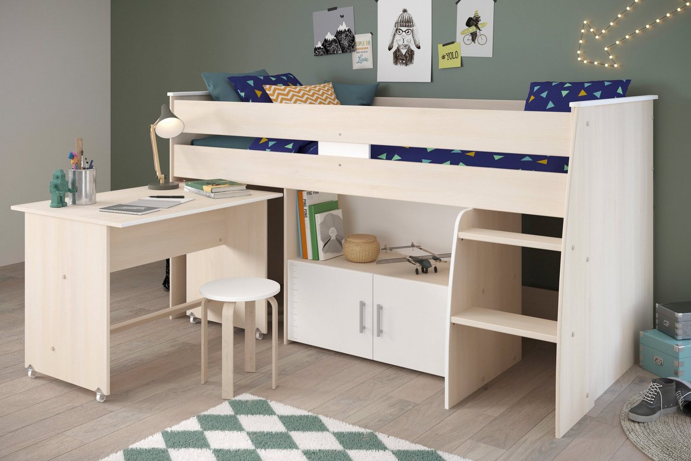 Parisot Jugendzimmer-Set Charly, (Komplett Set, 1-St., in verschiedenen Zusammenstellungen wählbar), Hochbett mit Schreibtisch von Parisot