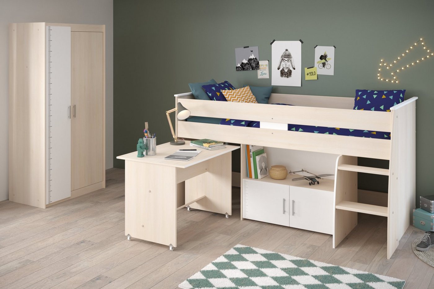 Parisot Jugendzimmer-Set Charly, (Komplett Set, 2-St., in verschiedenen Zusammenstellungen wählbar), Hochbett mit Schreibtisch von Parisot