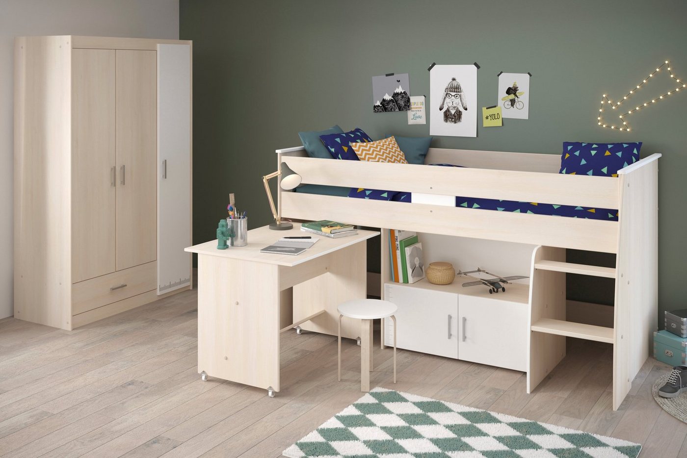 Parisot Jugendzimmer-Set Charly, (Komplett Set, 2-St., in verschiedenen Zusammenstellungen wählbar), Hochbett mit Schreibtisch von Parisot