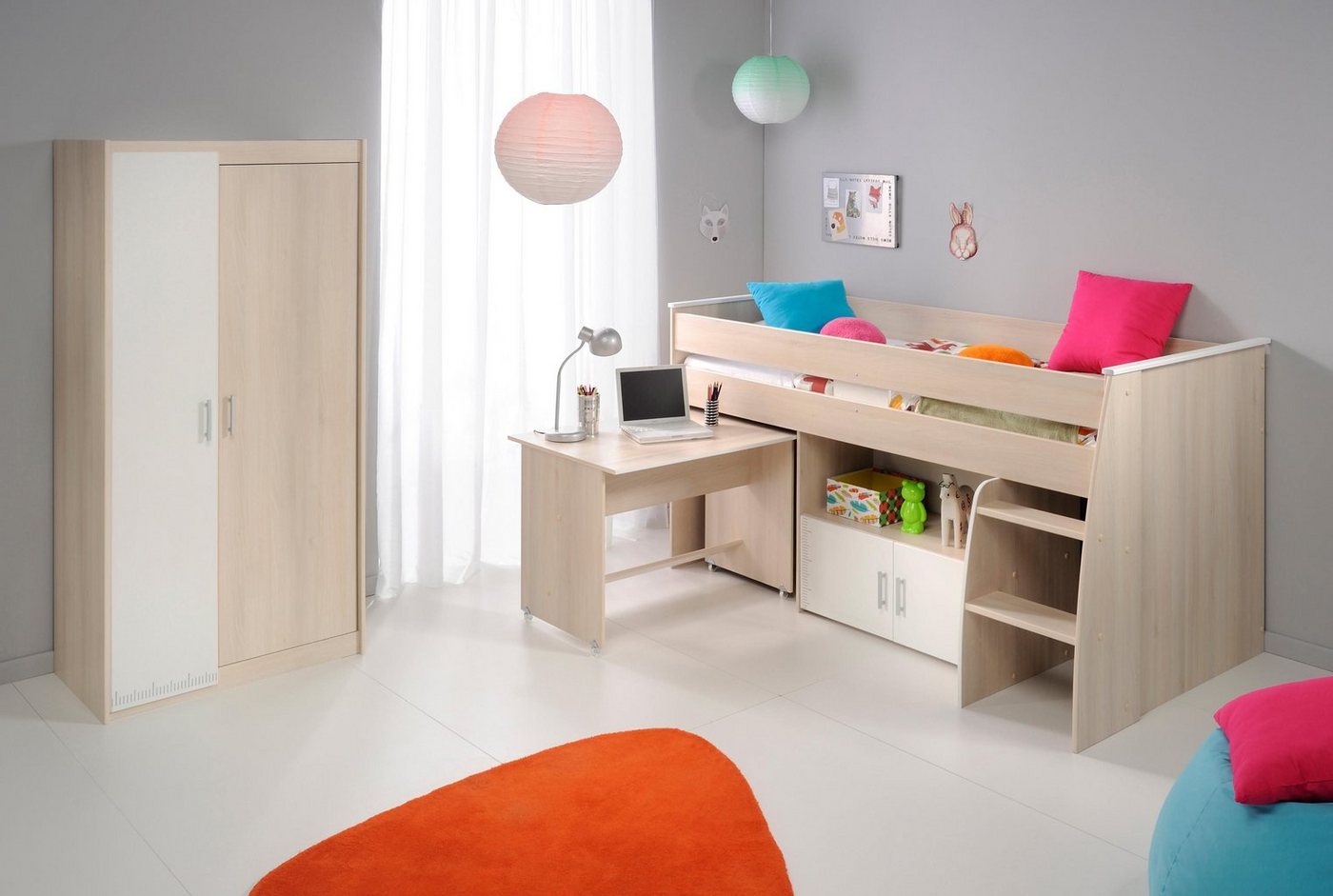 Parisot Jugendzimmer-Set Charly, (Set, 3-St., Kleiderschrank und ein halbhohes Bett (inkl. Schreibtisch) und Kommode), Bett mit herausziehbarem Schreibtisch auf Rollen von Parisot