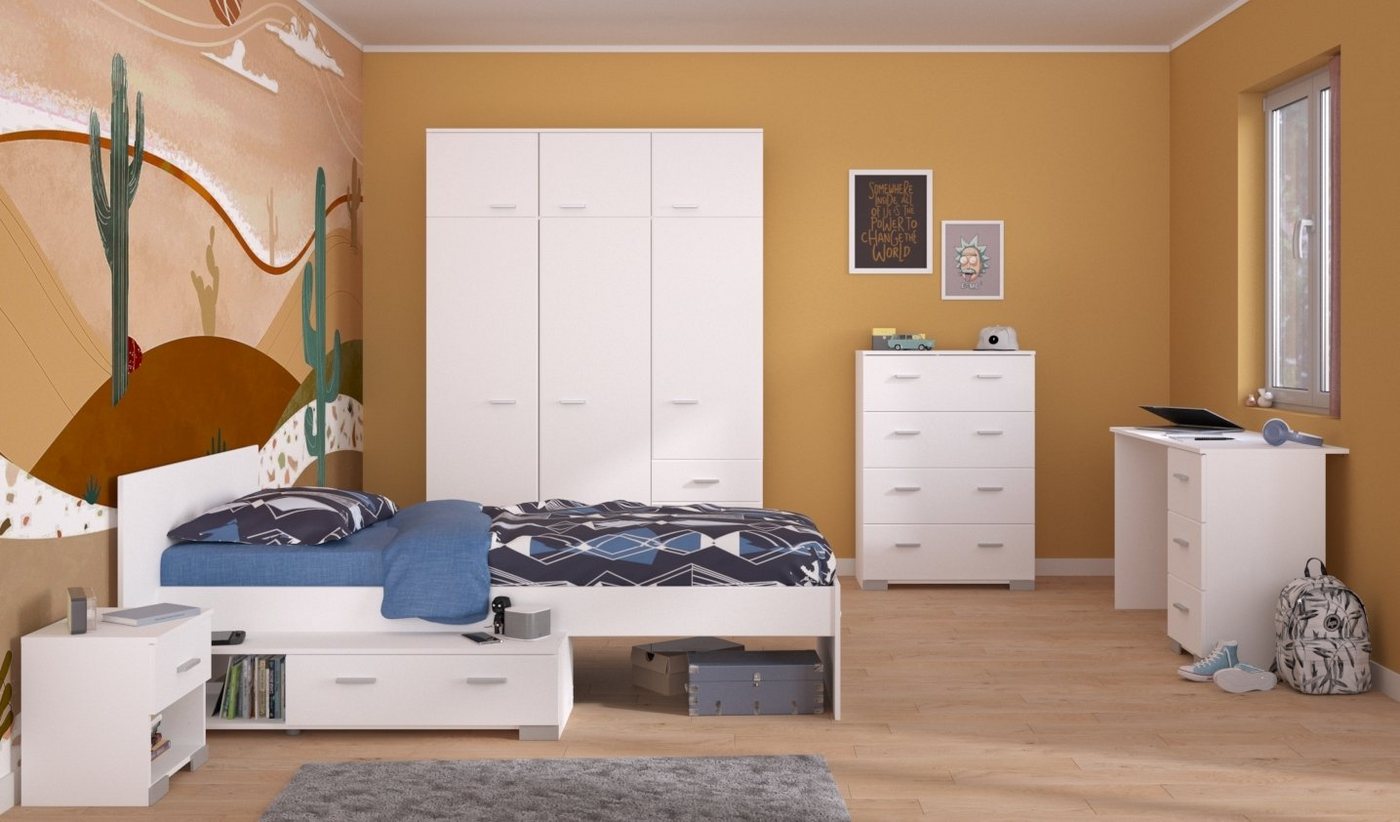 Parisot Jugendzimmer-Set Galaxy, (Komplett Set, 5-St., Kleiderschrank, Bett, Nachttisch, Schreibtisch, Kommode), 6 türiger Kleiderschrank, Stauraumbett von Parisot