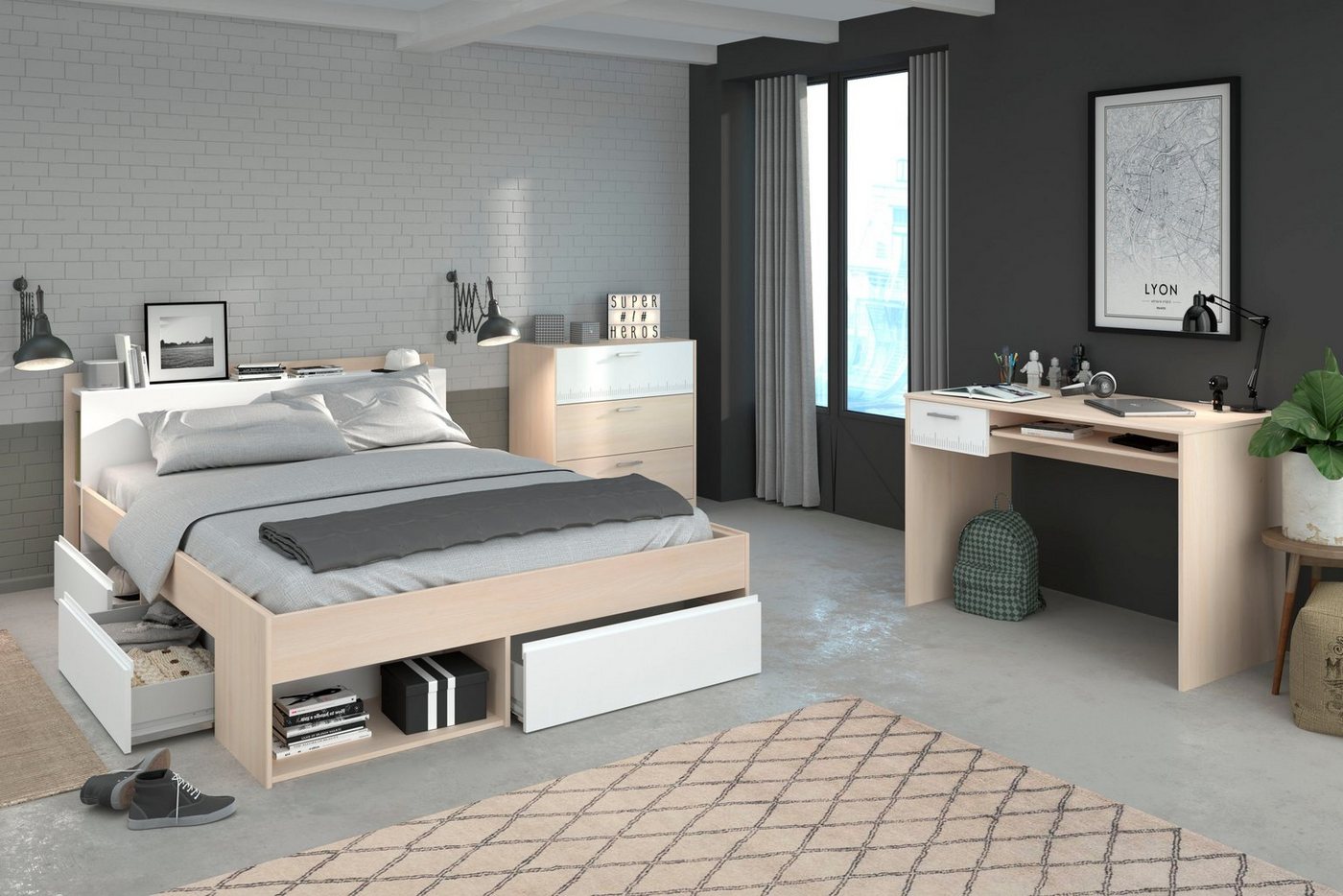 Parisot Jugendzimmer-Set Most, (Set, 3-St., Bett mit Schubkästen, Schreibtisch und Schubkastenkommode) von Parisot