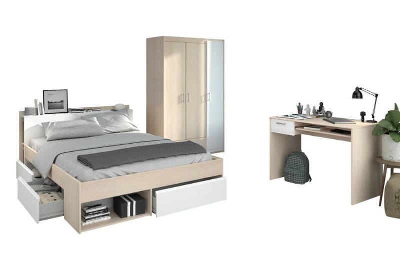 Parisot Jugendzimmer-Set Most in Akazie und Weiß, (Komplett Set, 3-tlg., in verschiedenen Varianten wählbar), Funktionsbett, pflegeleicht, robust von Parisot