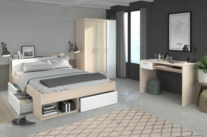 Parisot Jugendzimmer-Set Toms, (Kinderzimmer mit, Stauraumbett (140 x 200), Schreibtisch und Kleiderschrank), inklusive Regal und 3x Bettschubkasten von Parisot