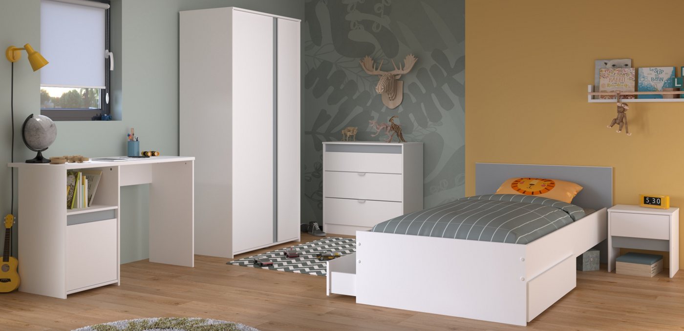 Parisot Jugendzimmer-Set Pirouette, (Kinderzimmer Komplett-Set in weiß, 5-teilig), inklusive Grau und Rosa Absetzungen von Parisot