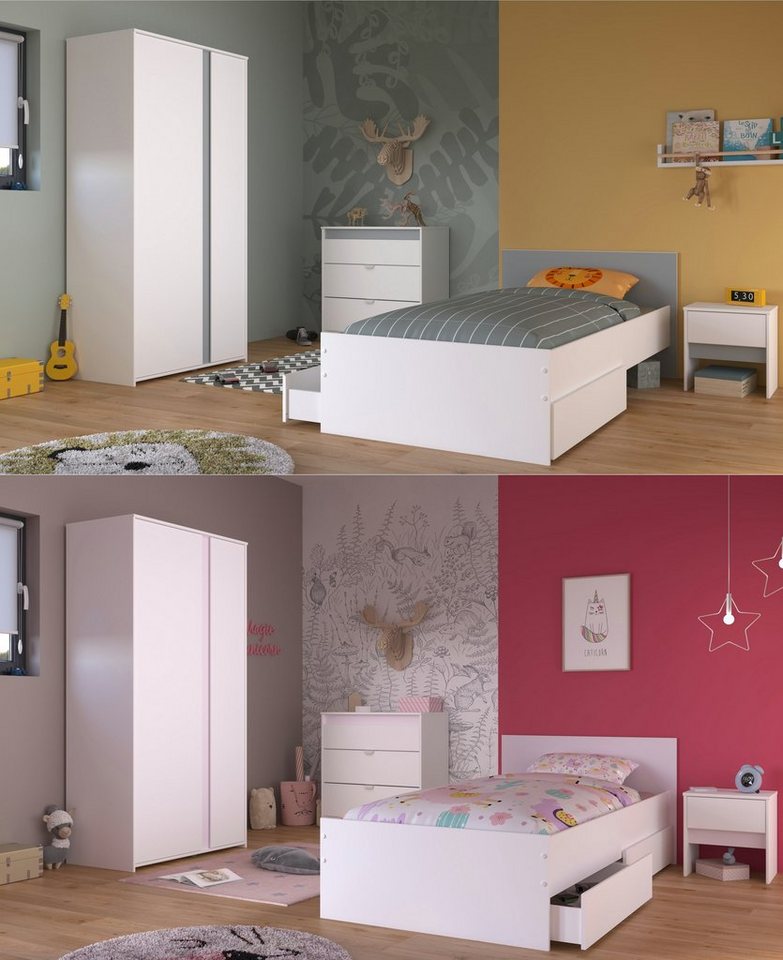 Parisot Jugendzimmer-Set Pirouette, (Komplett Set, 5-St., in verschiedenen Zusammenstellungen wählbar), Farbige Einsätze drehbar Rosa / Grau von Parisot