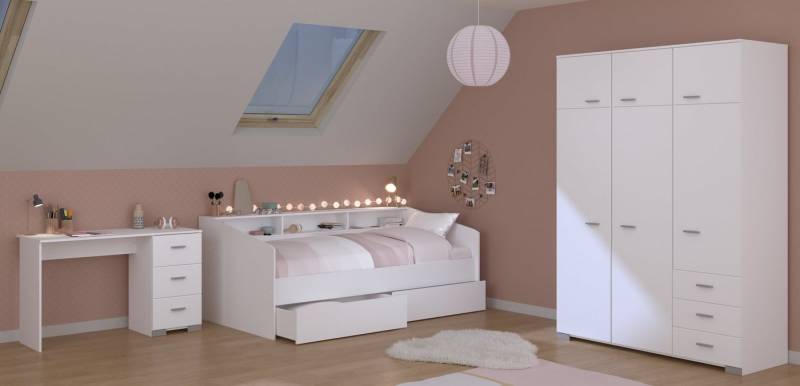Parisot Jugendzimmer-Set Sleep, (Komplett Set, 4-St., in verschiedenen Zusammenstellungen wählbar), Rückwände drehbar - Weiss oder Eiche, inkl. Bettschubkästen von Parisot