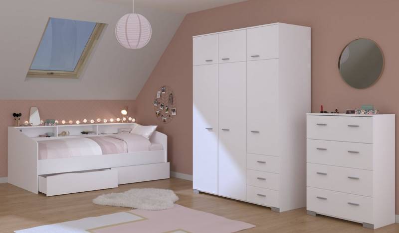 Parisot Jugendzimmer-Set Sleep, (Komplett Set, 4-tlg., in verschiedenen Zusammenstellungen wählbar), Rückwände drehbar - Weiss oder Eiche, inkl. Bettschubkästen von Parisot