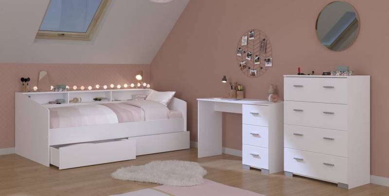 Parisot Jugendzimmer-Set Sleep, (Komplett Set, 4-tlg., in verschiedenen Zusammenstellungen wählbar), Rückwände drehbar - Weiss oder Eiche, inkl. Bettschubkästen von Parisot