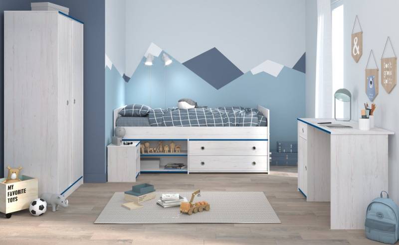 Parisot Jugendzimmer-Set Tivaro, (Kinderzimmer in Kiefer weiß, Komplett-Set 4-teilig), inkl. Absetzungen in Blau und Pink von Parisot