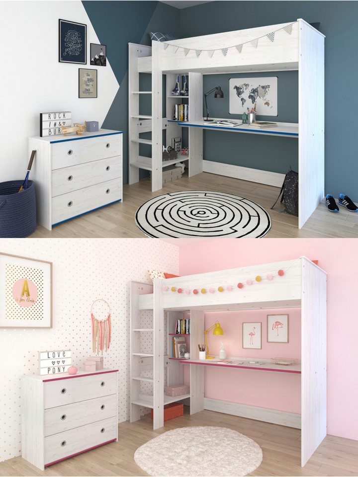Parisot Jugendzimmer-Set Smoozy Hochbett, (Komplett Set, 2-tlg., in verschiedenen Zusammenstellungen wählbar), Hochbett mit integriertem Schreibtisch von Parisot