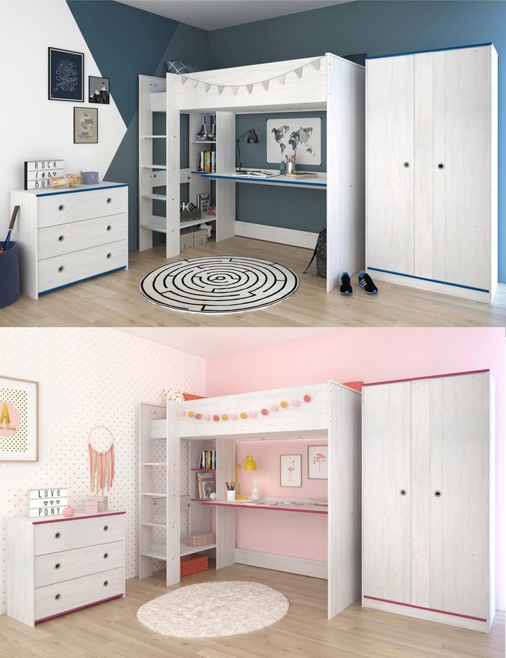 Parisot Jugendzimmer-Set Smoozy Hochbett, (Komplett Set, 3-St., in verschiedenen Zusammenstellungen wählbar), Hochbett mit integriertem Schreibtisch von Parisot