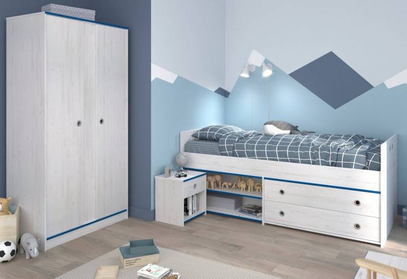Parisot Jugendzimmer-Set Tivaro, (Kinderzimmer in Kiefer weiß, Stauraumbett, Kleiderschrank und Nachttisch), Absetzungen in Blau und Pink enthalten von Parisot