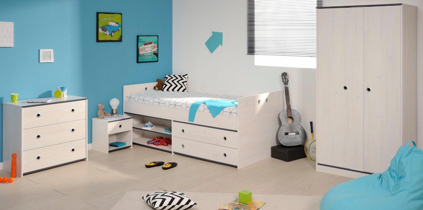 Parisot Jugendzimmer-Set Tivaro, (Komplett-Set 5-teilig in Kiefer weiß mit blau oder pink), inklusive Kleiderschrank und Stauraum-Bett von Parisot