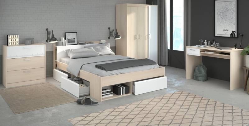Parisot Jugendzimmer-Set Toms, (Kinderzimmer mit, Stauraumbett (140 x 200) Kommode Schreibtisch Kleiderschrank), inkl. Regal und Bettschubkästen von Parisot
