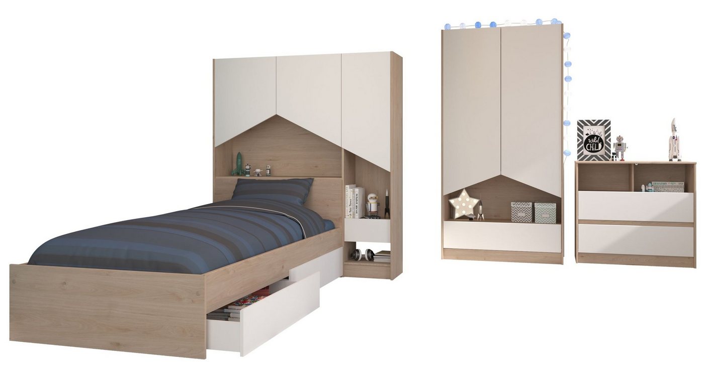 Parisot Komplettschlafzimmer Shelter 2 mit Bett mit 2 Schubkästen + Kleiderschrank & weitere Möbel, (4-tlg) von Parisot