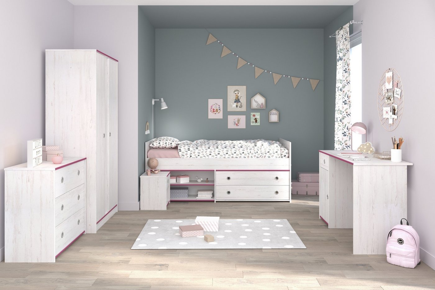 Parisot Komplettschlafzimmer Smoozy 36a, Set mit Absetzungen in Rosa oder Blau von Parisot