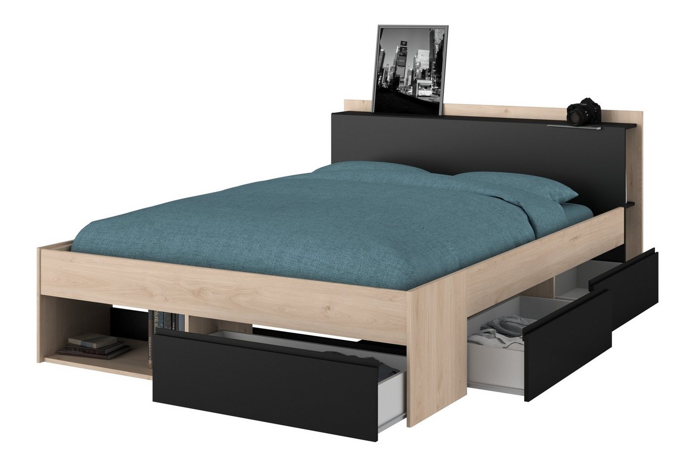 Parisot Stauraumbett Most 8, in Schwarz / Jackson Eiche - 220x170x79cm (LxBxH) von Parisot