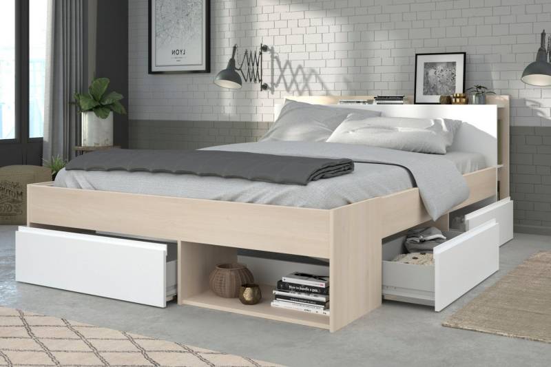 Parisot Stauraumbett Toms (in Akazie und weiß, 140 x 200 cm), mit Regal und 3x Bettschubkasten von Parisot