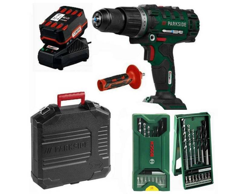 Parkside Akku-Schlagbohrschrauber 20V Schlagbohrschrauber PSBSA 20-Li C3 Akku 4 Ah+Bosch Bohrer Set von Parkside