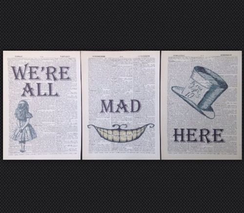 3 x Alice im Wunderland Madhatter Zitat "Mad Here" Vintage Wörterbuch Print Seite von Parksmoonprints