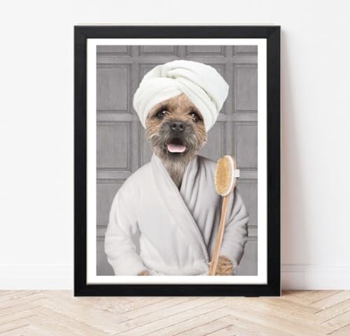 Border Terrier Druck – Hund mit Bademantel, Handtuch Bademantel – lustige Badezimmer-Wandkunst – WC-Dekor – Klo-Schilder Tier im Bad Bild (A4-Druck) von Parksmoonprints