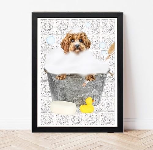 Cavapoo in Bath Druck – Hund in Vintage Blech-Badbild – Hundeporträt – Hund auf Toilette Wandkunst – Klo-Badezimmerschild Geschenk Cockerpoo Cockapoo (nur A4-Druck) von Parksmoonprints
