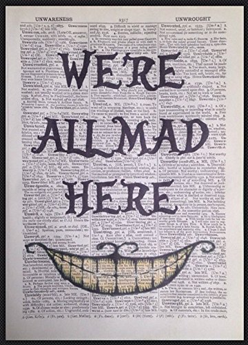 Kunstdruck Der verrückte Hutmacher aus Alice im Wunderland, "We 're All Mad Here" auf Wörterbuch-Seite von Parksmoonprints