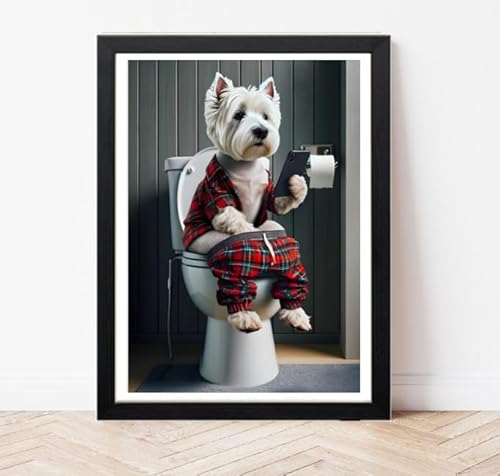 Parksmoonprints Westie sitzend auf Toilette auf Handy – West Highland Terrier Druck – lustiges Hundebild, Badezimmer-Wandkunst, Schild, Loo Ensuite, rotes Schottenkaro (nur A4-Druck) von Parksmoonprints