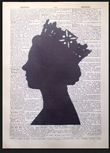 Queen-Elizabeth-Kopfsilhouette, Wandbild mit englischem Aufdruck, Vintage-Wörterbuchseite von Parksmoonprints