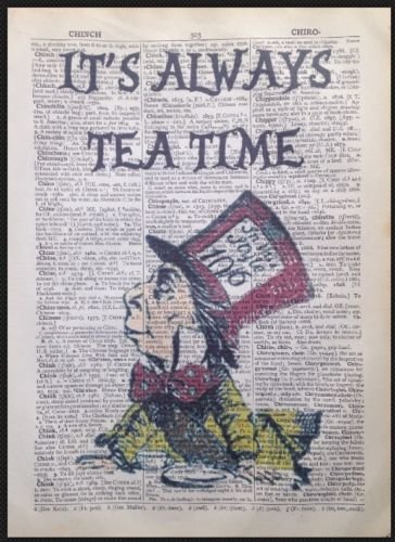 Retro-Wandbild „Verrückter Hutmacher“ aus Alice im Wunderland mit Zitat auf Wörterbuch-Seite von Parksmoonprints
